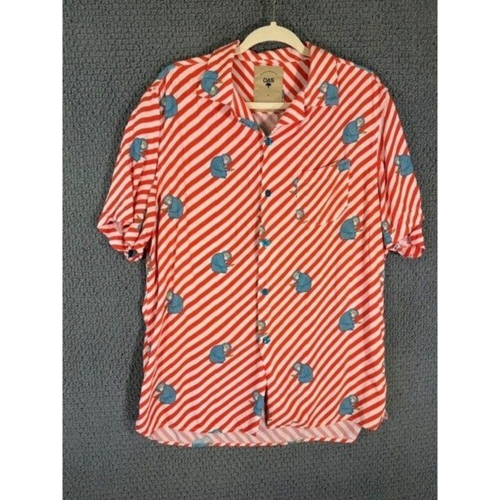 OAS Sunday Polka Monkey Viscose Shirt Short Sleeve Resort Button Up Men's Large